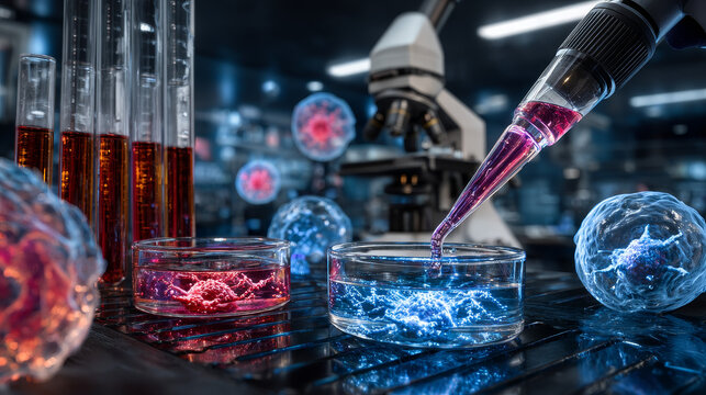 Pipette with fluid and test tubes for cancer immunotherapy research cancer study and gene therapy 