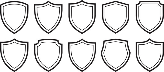 Shield badge line icon set. Protection, security and defense emblem symbols. Vector illustration.