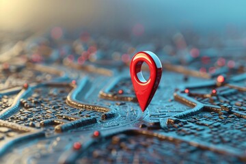 Large red 3D location pin icon standing on a stylized city map background