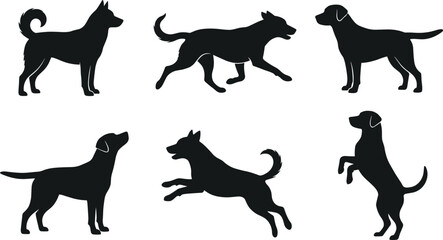 Dog silhouette vector set showing various poses, playful active pet illustrations for design, branding and decoration, cad drawing flat vector illustration