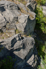Natural rock formation with vegetation flourishing in a sunny landscape showcasing diverse textures and colors in a serene outdoor setting