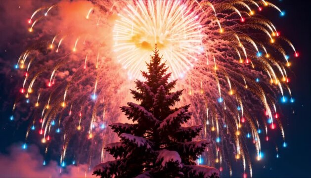 brightly lit outdoor christmas tree silhouetted against massive colorful firework explosion mixing holiday themes