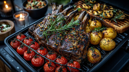Two lamb chops cooking on a BBQ on a portable grill with tomato, potatoes and slices of toast on a sunny summer day outdoors on the grass, overhead view