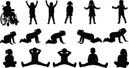 Inclusive children silhouette poses, crawling, sitting, standing, wheelchair figure, posture diversity, cad drawing flat vector illustration, black icons