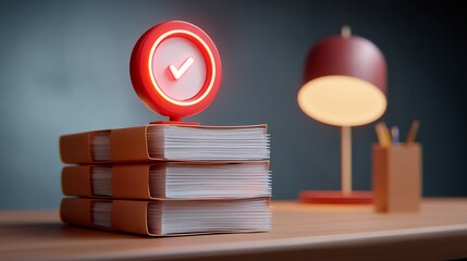 A single glowing approval indicator hovering above neatly stacked audit report files on minimalist desk, premium studio lighting, 4k