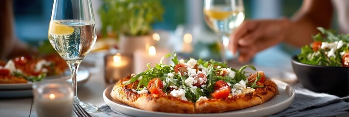 Pizza dinner with sparkling wine and candles