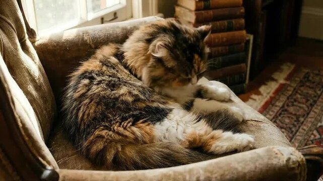 A fluffy Persian cat grooms itself on a vintage armchair bathed in sunlight.