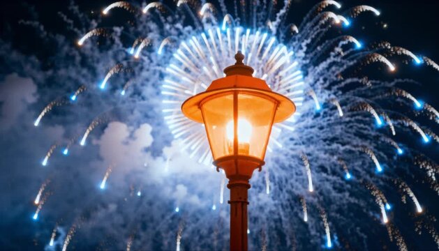 atmospheric single vintage street lamp foreground massive blue silver firework explosion warm cool light