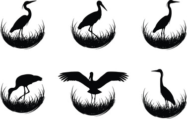 Fototapeta premium Silhouette heron and crane bird designs in grass, elegant wildlife symbols for branding and decoration – CAD drawing flat vector illustration