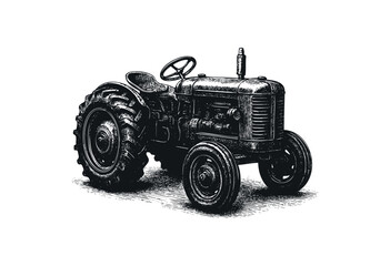 Obraz premium Detailed black and white illustration of a classic farm tractor in an engraved, retro style, representing agricultural heritage and rural machinery — stock vector.
