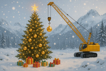Playful construction crane decorating Christmas tree with golden ornament in snowy alpine setting. warm, sparkling star tops festive fir with gift boxes below