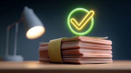 A single glowing approval indicator hovering above neatly stacked audit report files on minimalist desk, premium studio lighting, 4k