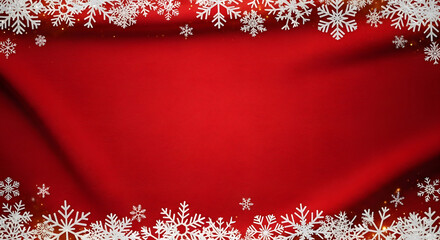 Red silky fabric christmas background with waving effect and white snowflakes border holiday season backdrop