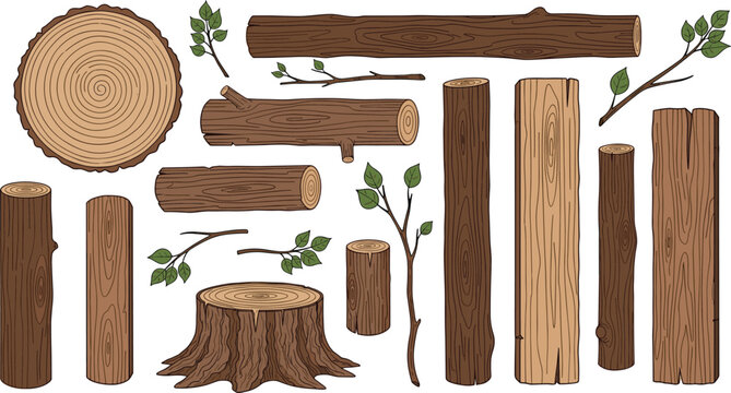 Tree element icon set, wood logs, branches, stumps, and cross-sections with leaves, cad drawing flat vector illustration