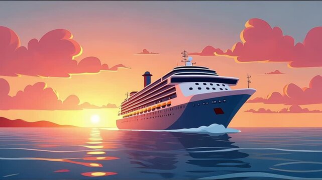 Colorful 2D Cartoon Cruise Ship Sailing Smoothly Across Ocean Waves Under Vibrant Sunset Sky Animation