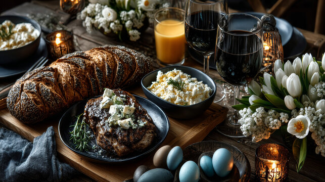 Easter buffet breakfast or brunch with assorted bread rolls, cheese, meat, scrambled egg, orange juice, coffee on a wooden table decorated with easter eggs and spring flowers with copy space