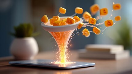 Multiple customer icons flowing automatically through a glowing funnel into one conversion node above minimalist desk with laptop, soft daylight, shallow depth of field, 4k