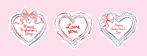 Valentines day badges in hand-drawn style set, Whimsical drawing heart shape labels Romantic element for invitations, greeting cards, scrapbooking,  sticker, decorative etc.