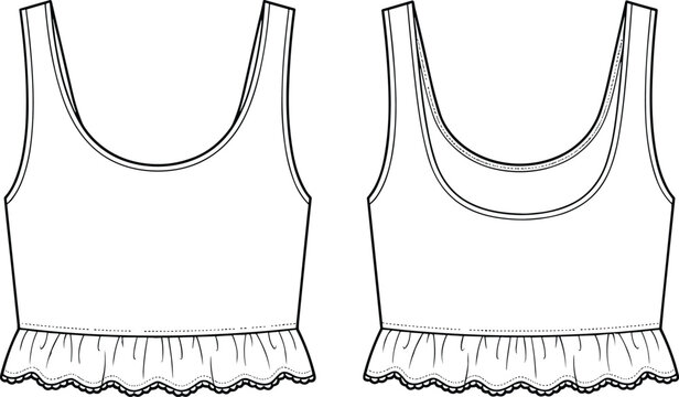 Women&rsquo;s crop top technical fashion sketch, scoop neckline, scalloped ruffle hem, sleeveless design, cad drawing flat vector illustration