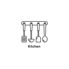 Kitchen equipment icon set. Kitchen utensils, appliances, supplies, tools, store, hardware, home, shop, household, label, logo, badge, sign, symbol, black, line, flat vector, isolated illustration.