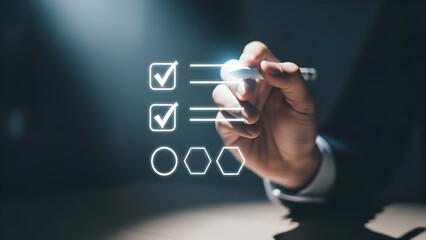 Hand using a stylus to check off items on a glowing digital checklist with different shapes representing tasks or options