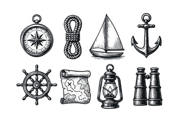 A collection of hand-drawn vintage nautical and adventure elements including a compass, rope, sailboat, anchor, ship wheel, treasure map, lantern, and binoculars, isolated on white background 