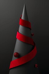 Cone Christmas Tree with Red Ribbon and Ornaments