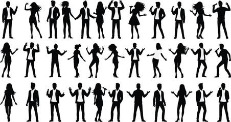 Dancing people silhouette vector set, party dancers in dynamic poses, stylish men and women figures, nightlife celebration illustrations, energetic movement collection