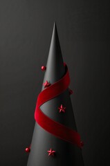 Christmas tree with red ribbon and star ornaments