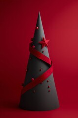 Modern Christmas tree with red ribbon and star