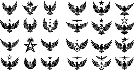Eagle wing logo emblem collection, military patriotic badge set, heraldic bird symbols, star shield insignia, black silhouette vector designs © Md