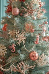 Christmas tree with coral snowflake and seahorse ornaments