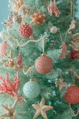 Seashell Ornaments on Blue Christmas Tree