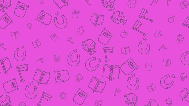 Education doodle. Pink background with doodles of books, flags, and horseshoes. Suitable for educational or themed designs like posters, invitations, or presentations.