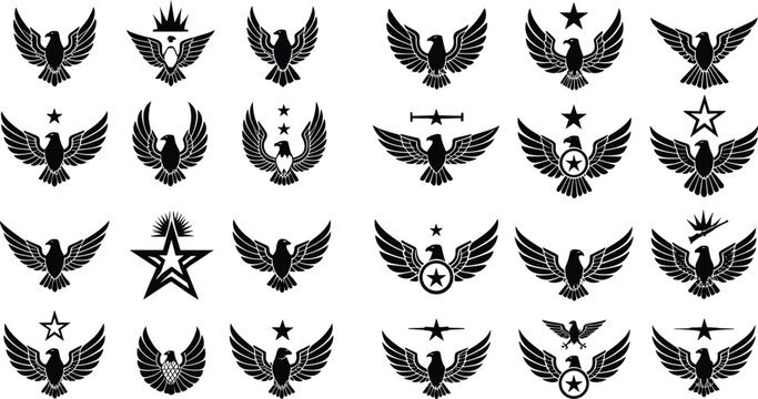 Eagle wing logo emblem collection, military patriotic badge set, heraldic bird symbols, star shield insignia, black silhouette vector designs