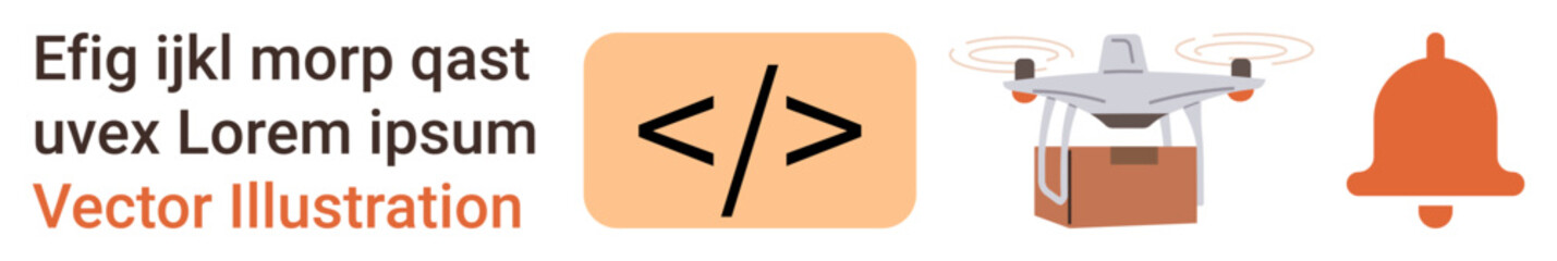 Technology, programming, automation, online updates, notifications, logistics. Code symbol, quadcopter carrying a package notification bell. Technology and programming in automation concept