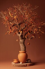 Decorative Tree in Pot with Pods and Vessels