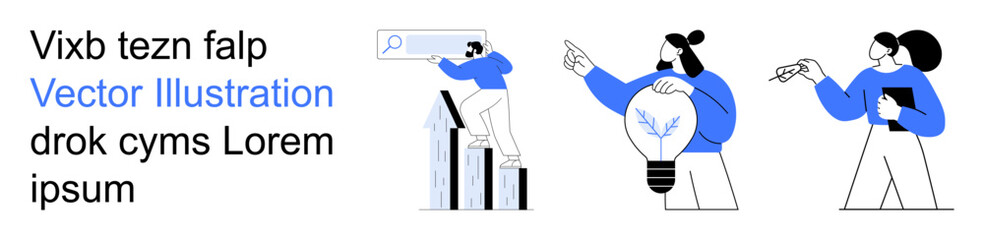Business planning, creative innovation, teamwork, productivity, analytics, strategy development. Minimalist characters holding a lightbulb and working with graphs. Business planning and creative