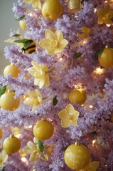 Lavender Christmas tree with yellow ornaments and flowers