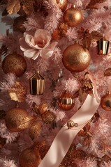 Christmas Tree with Gold Ornaments and Pink Ribbon