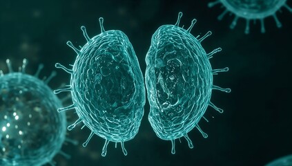 detailed rendering of virus with spikes, the image is rendered with a cool blue hue, which emphasizes the microscopic details of the virus structure.