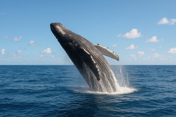 Fototapeta premium A humpback whale breaches dramatically from the ocean with a powerful splash under a clear blue sky. The bright daylight and open sea highlight the strength and grace of this marine giant. 