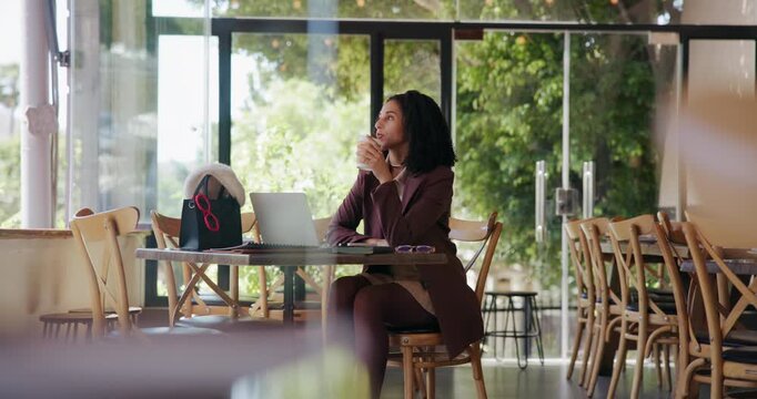 Woman, thinking and drinking coffee in cafe with laptop for remote work, journalism idea and thought. Freelancer, person or beverage in restaurant with computer, article reflection or contemplation.