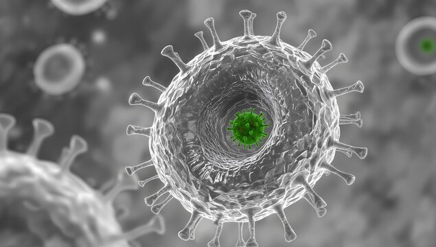 Microscopic view of a virus with a grey exterior and a green interior, showcasing the structure of a virus - Powered by Adobe