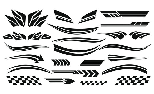 Collection of black car racing stripe decals and abstract vinyl graphic designs