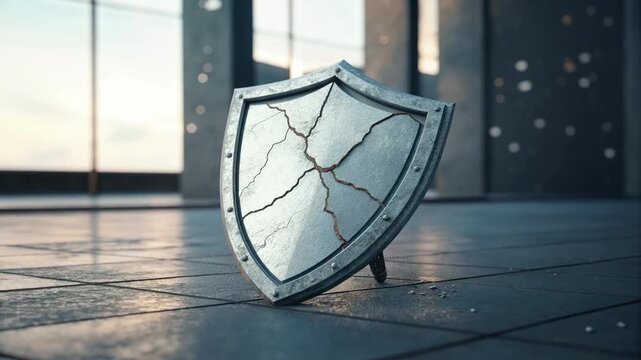Cracked Metal Shield on Reflective Surface Modern Armor Symbolizing Strength, Resilience, and Protection in Industrial Setting