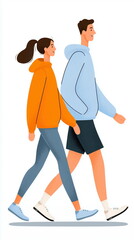 Side view vector illustration of a young couple walking or strolling together in casual sportswear on white background.