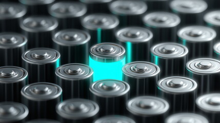 Cylindrical batteries are arranged in rows, with one battery cell glowing brightly, symbolizing energy and future technology, innovation, and differentiation.