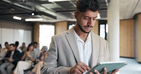 Businessman, scroll or research in conference with tablet for workshop coordination, agenda or plan. People, coordinator or browse with digital tech, convention schedule or corporate training review.