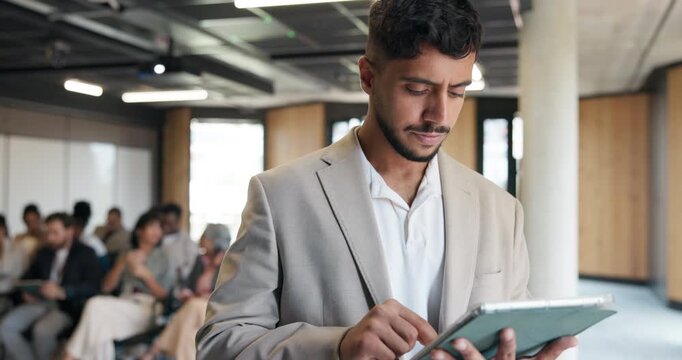 Businessman, scroll or research in conference with tablet for workshop coordination, agenda or plan. People, coordinator or browse with digital tech, convention schedule or corporate training review.
